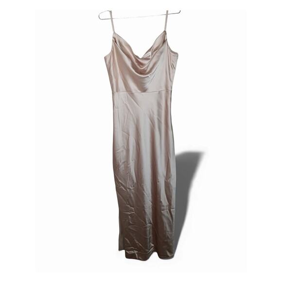 Revelry Champagne Satin Slip Maxi Dress Gown Cowl Neck Side Slit Size 12 Party - Picture 3 of 15